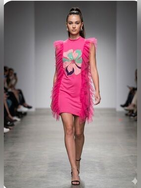 Pink Chiffon Ruffle Tunic with Floral Design